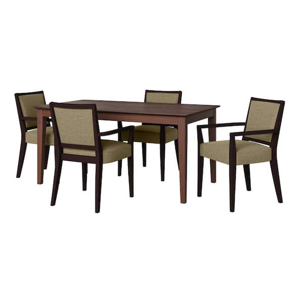 Handy Living Anya 5-Piece Smart Top Walnut Dining Table & Upholstered Arm Chairs in Jutelike Tan Woven