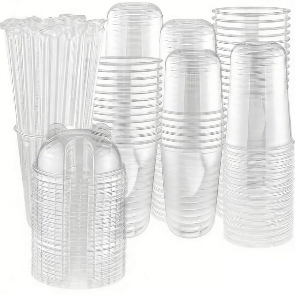 Numhew 50 Sets 16 oz. Disposable Plastic Cups with Dome Lids & Straws for Milkshakes, Juice, Beverages, Holiday Party, Outdoor