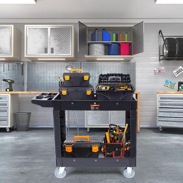 2-Shelf Utility Service Cart 550 lbs. Plastic Rolling Utility Cart with 360° Swivel Wheels and Ergonomic Storage Handle