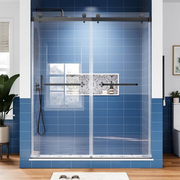 75 in. W x 60 in. H Sliding Frameless Shower Door in Matte Black Finish with Clear Glass