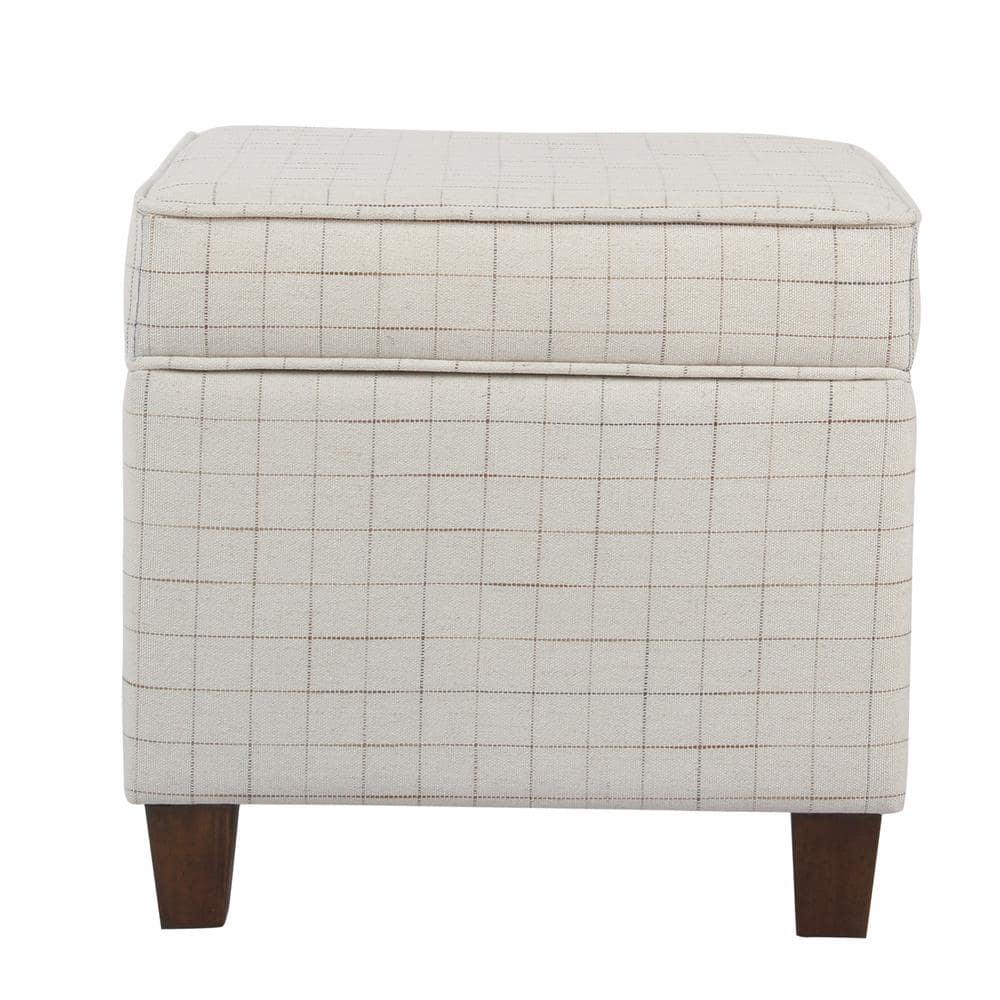 Grid-Patterned Beige and Brown Wooden Square Ottoman with Hidden Storage