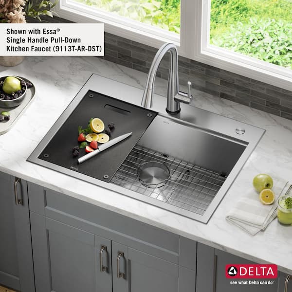 Delta - Rivet 32in Workstation Kitchen Sink Undermount 16 Gauge Stainless Steel Single Bowl with Workflow Ledge and Accessories