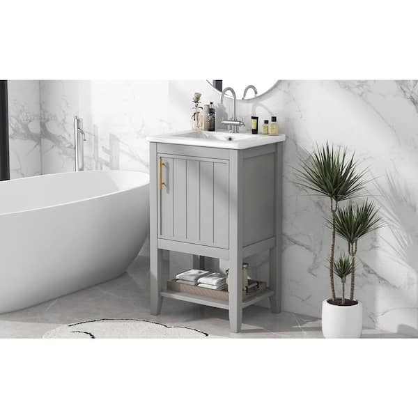 20 in. W Single Sink Freestanding Bath Vanity in Gray with White Ceramic Top, 1 Soft Closing Door and 1 Open Shelf