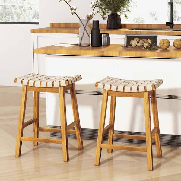 25.5 in. Beige Woven Saddle Bar Stools PU Leather Counter Height Kitchen Stool (Set of 2)