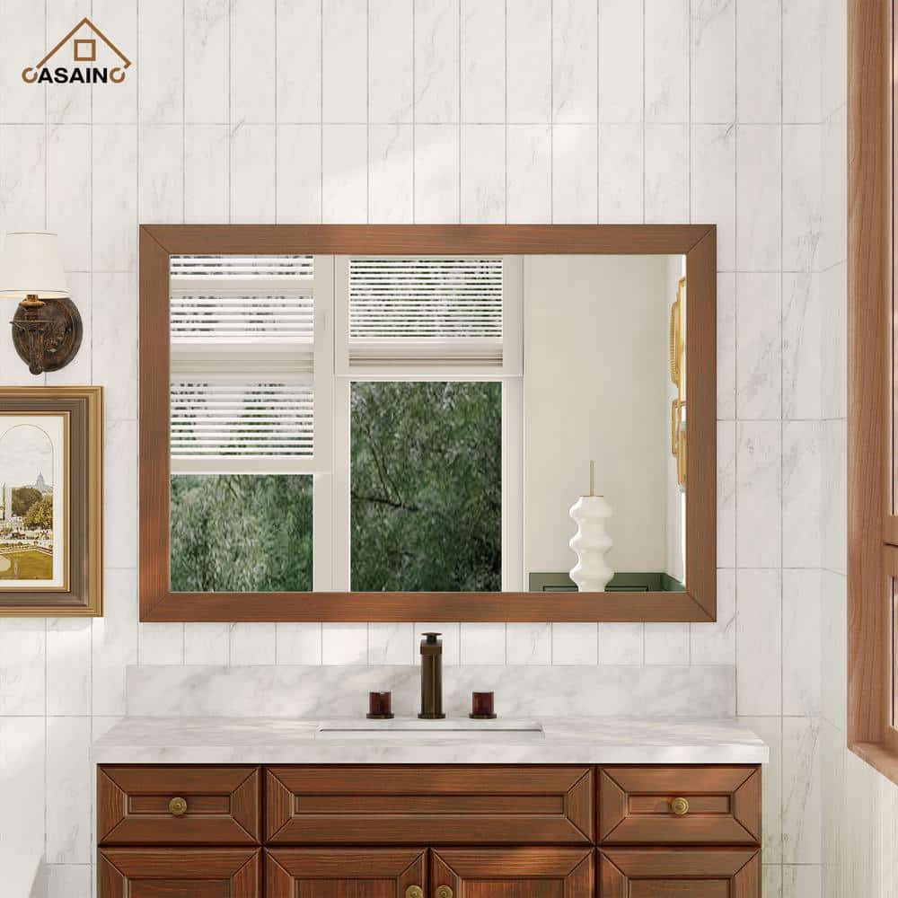 Large Brown Rectangular Wood Framed Vanity Mirror