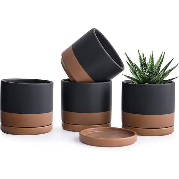 ITOPFOX Modern 4.6 in. L x 4.6 in. W x 4.5 in. H Black/Speckled Tan Ceramic Round Indoor Planter (4-Pack)