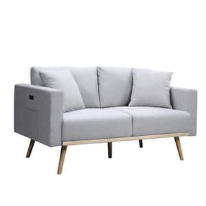 56.5 in. Gray and Brown Solid Linen 2-Seater Loveseat with USB Ports and Side Pocket