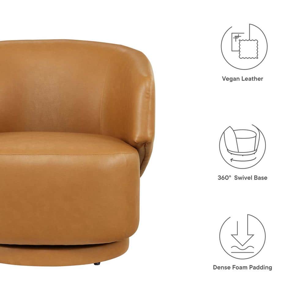 Tan Faux Leather Barrel Swivel Accent Chair with Wood Base