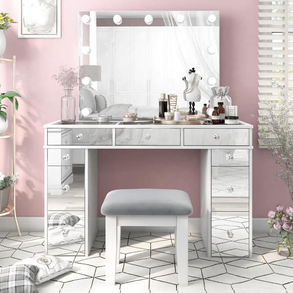 Fejsa 3-Piece White and Gray MakeUp Vanity Set with Mirrored Front Panels and USB Outlet