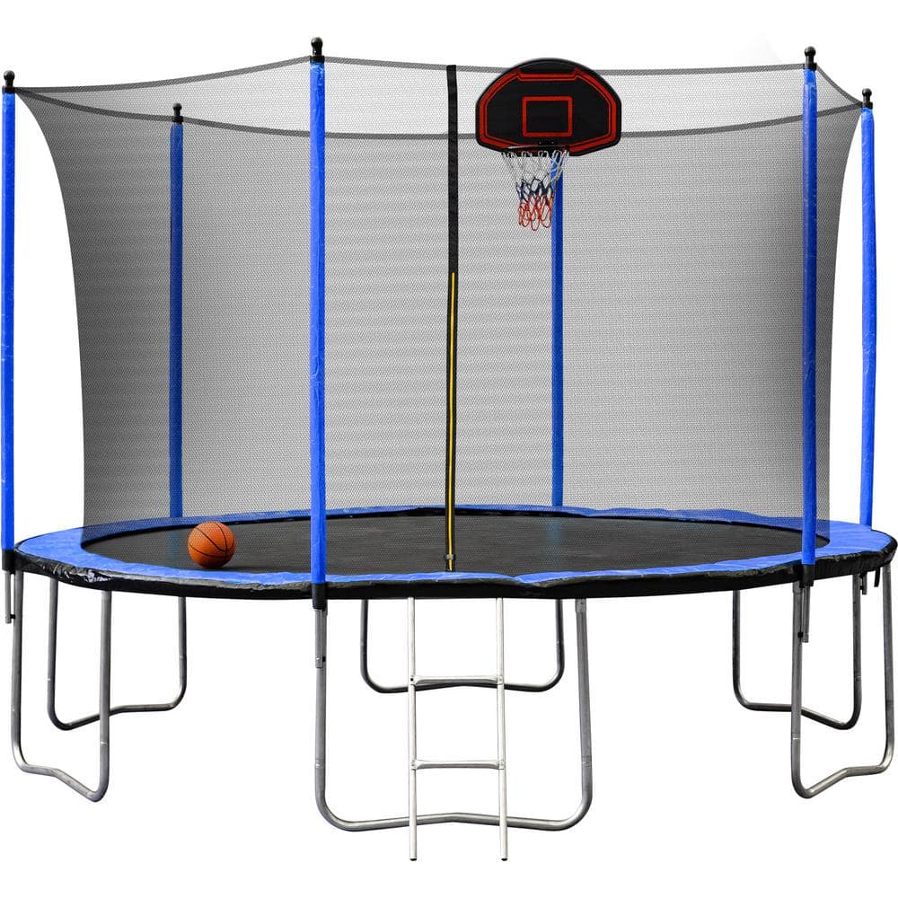 12 ft. Outdoor Round Blue Trampoline with Basketball Hoop FCBF11-297 ...