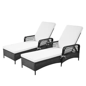 PE Wicker Outdoor Adjustable Backrest Chaise Lounge with Beige Cushions (Set of 2)