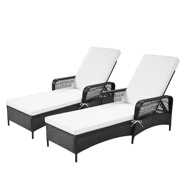 Unbranded PE Wicker Outdoor Adjustable Backrest Chaise Lounge with Beige Cushions (Set of 2)