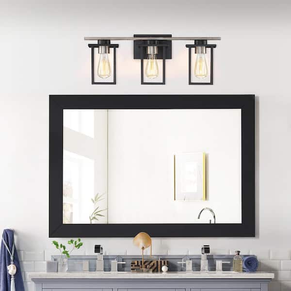 24.4 in. 3-Light Matt Black/Wood Tone Rustic Farmhouse Bathroom Vanity Light with Open Cage Shades