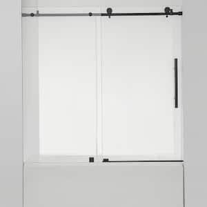 Villena 60 in. W x 58 in. H Single Sliding Frameless Tub Door in Matt Black with Clear Glass