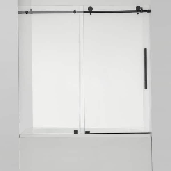 ROSWELL Villena 60 in. W x 58 in. H Single Sliding Frameless Tub Door in Matt Black with Clear Glass