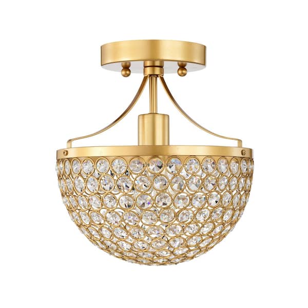 Warehouse of Tiffany Laverna 9.4 in. 1-Light Indoor Satin Gold Semi-Flush Mount Ceiling Light with Light Kit and Remote
