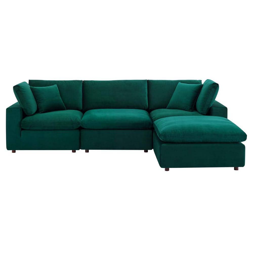 Green Velvet 4-Piece Sectional Sofa with Ottoman