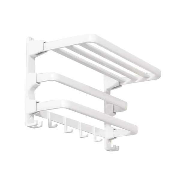 cadeninc 23.6 in. W x 10.8 in. D x 10.2 in. H Foldable Rectangular Metal Bathroom Wall Shelves with Towel Bar and Hooks in White