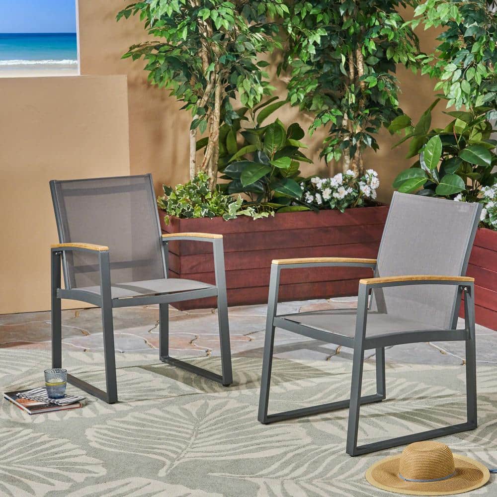 2 PCS Grey Aluminum Mesh Outdoor Dining Chair, Casual Stackable Patio Chair
