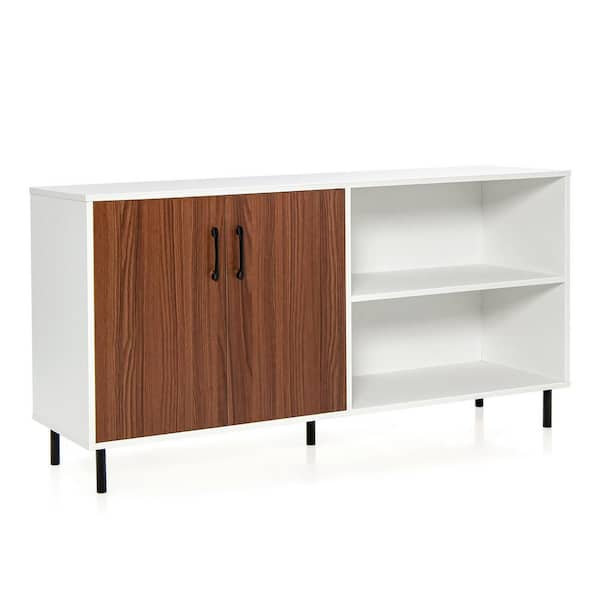 Gymax Walnut and White Wooden 58 in. Modern Buffet Sideboard Kitchen Storage Cabinet with 2 Doors and Open Compartments