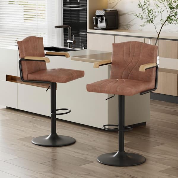 Swivel Counter Height Bar Stools with Backs, Adjustable Kitchen Island Chairs with Wood Armrests, Dark Brown Set of 2