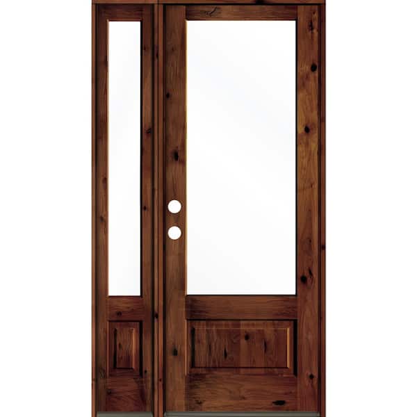 Krosswood Doors 50 in. x 96 in. Knotty Alder Right-Hand/Inswing 3/4 Lite Clear Glass Red Chestnut Stain Wood Prehung Front Door w/LSL