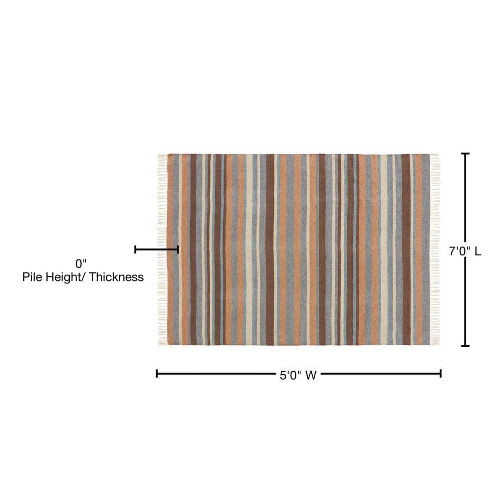 Earth Tone Striped Wool 5' x 7' Hand-Woven Area Rug