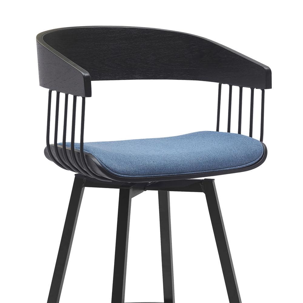 Athena 27" Swivel Black Wood Counter Stool with Blue Fabric and Black Metal