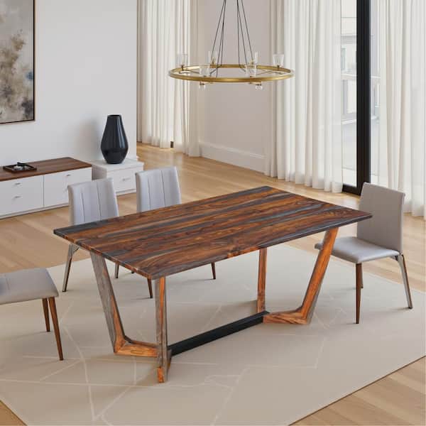 Myra Walnut Brown and Antique Gray Sheesham Wood 36.0 in. Sled Dining Table Seats-6