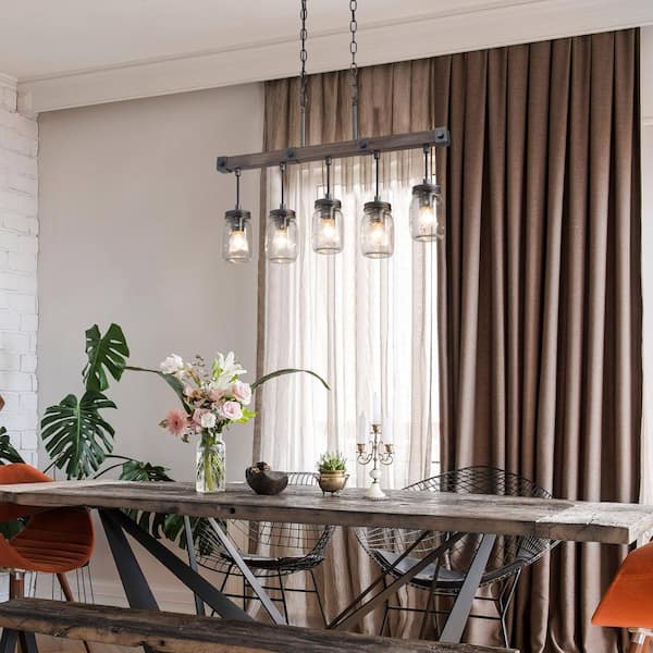 Morice Modern Farmhouse Linear Chandelier 5-Light Rustic Black Classic Mason Jar Island Pendant with Faux Wood Accent