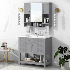 36 in. W x 18 in. D x 34 in. H Single Sink Bath Vanity in Gray with White Resin Top and Mirror Cabinet