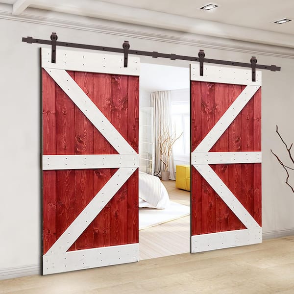 Calhome 36 In X 84 In Pre Assemble Red And White Series Stained Wood Interior Double Sliding Barn Door With Hardware Kit Swd11 Ab 79 2 Dr Asm K36rw 2 Cnnt Ab The Home Depot