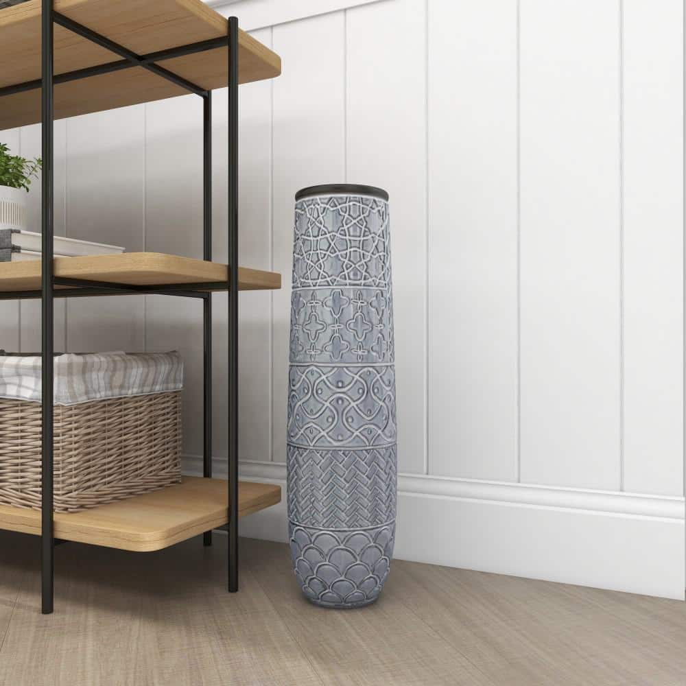 Gray Ceramic Eclectic Decorative Floor Vase with Patterns, 22"