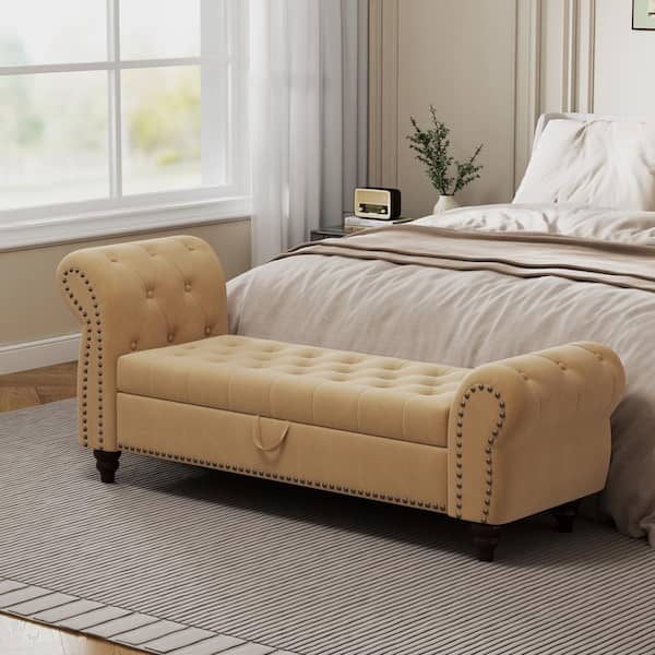 Harper & Bright Designs Khaki Modern Nails Tufted Armed Storage Bedroom Bench 28.7 in. H x 64.5 in. W x 19.3 in. D
