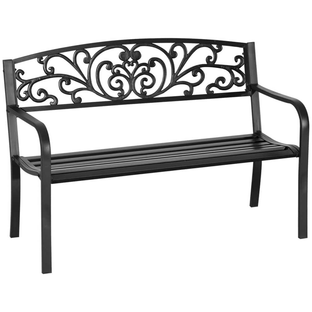 Outsunny Outdoor Bench 50 in. Black Iron with Floral Pattern Backrest and Slatted Seat for Patio, Yard, or Garden, Some price history on PriceWatchPro