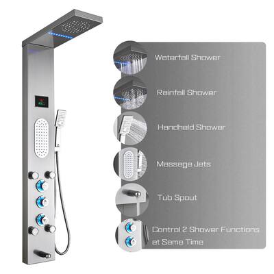 55 in. 5-Jet Shower Panel System with LED Rainfall Mist Shower Head Hand Shower Wand and Tub Spout in Brushed Nickel