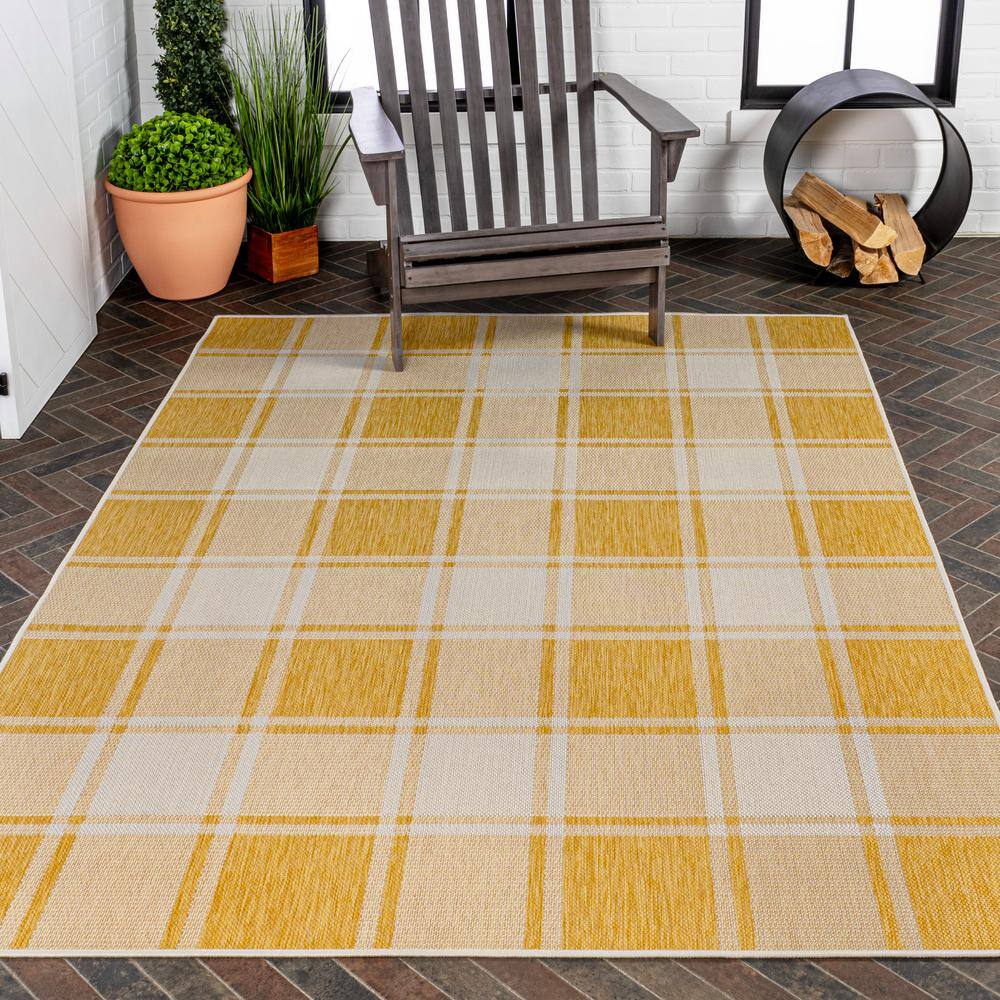 Sabine Bold Gingham Yellow and Cream 3 x 5 Synthetic Indoor/Outdoor Rug