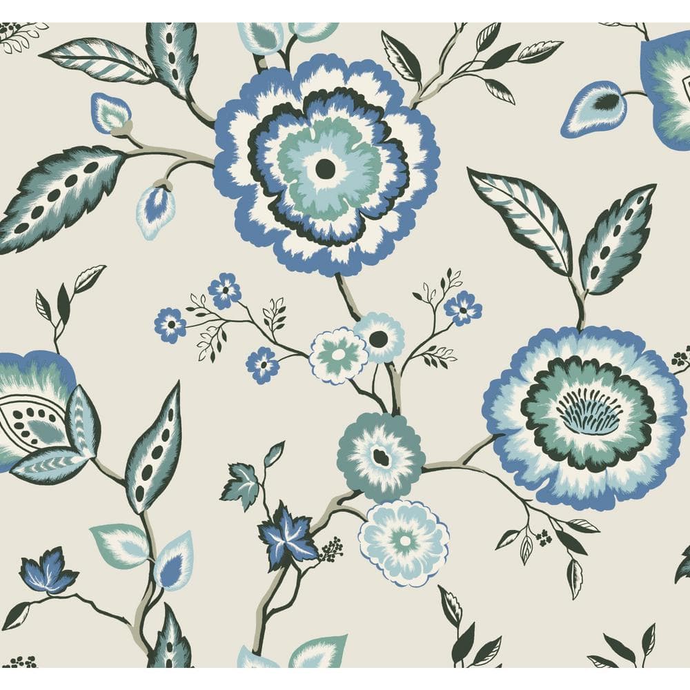 Dahlia Blooms Dove/Cornflower Multi-Colored Matte Pre-pasted Paper Wallpaper 60.75 sq. ft