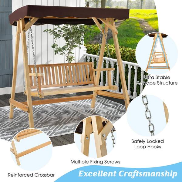 Costway 2-Person Wooden Garden Canopy Patio Swing A-frame with