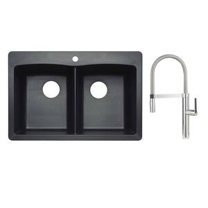 Diamond Dual-Mount Granite Composite 33 in. 50/50 1-Hole Double Bowl Kitchen Sink w/ Pull Down Faucet in Polished Chrome