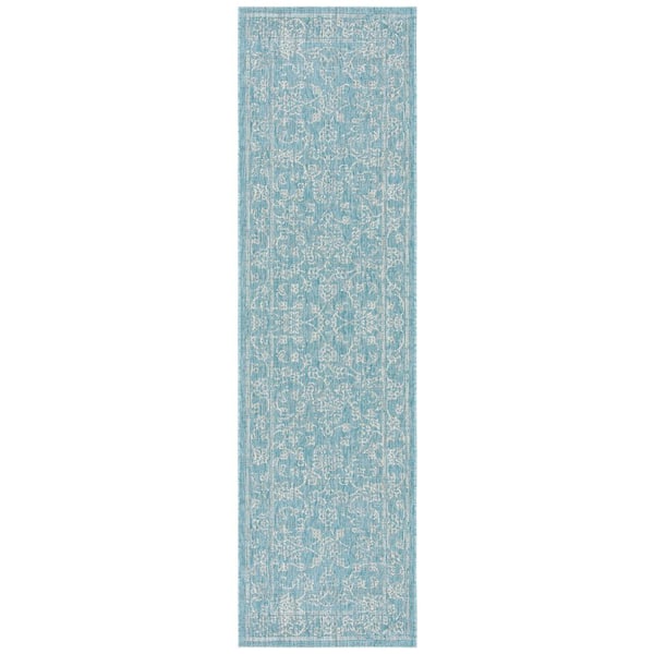 Courtyard Aqua/Gray 2 ft. x 16 ft. Border Floral Scroll Indoor/Outdoor Runner Rug