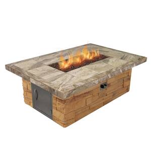 Stone Veneer and Tile Rectangle Propane Gas Fire Pit with Log Set and Lava Rocks