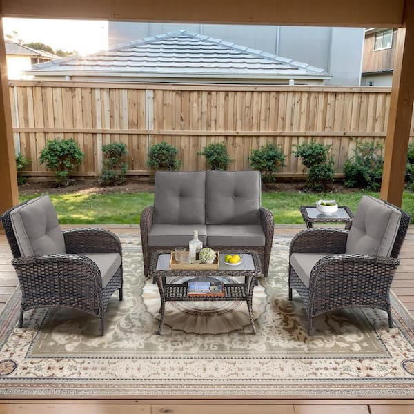 Brown 5-Piece Wicker Patio Conversation Set with Armchairs, Outdoor Glider Seating Set with Gray Cushions
