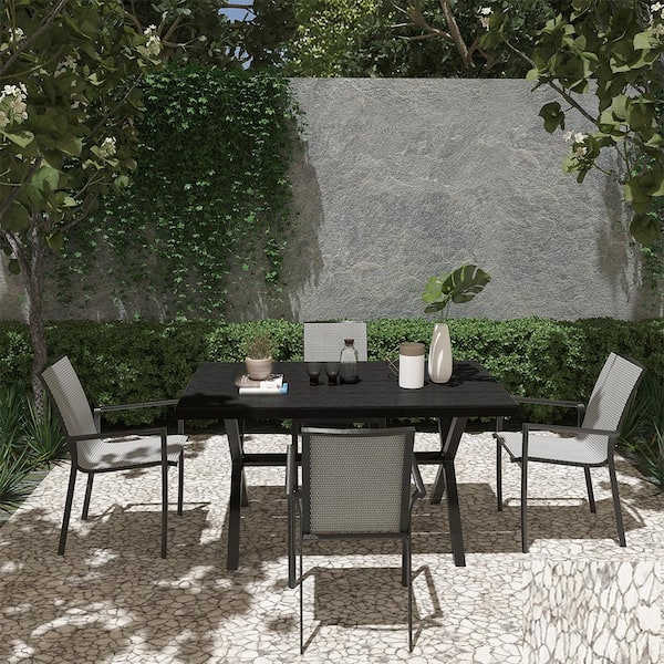 Black Aluminum Frame Teslin Backrest Solid Structure Outdoor Dining Chair in Silver Gray Seat Set of 4 Patio Furniture