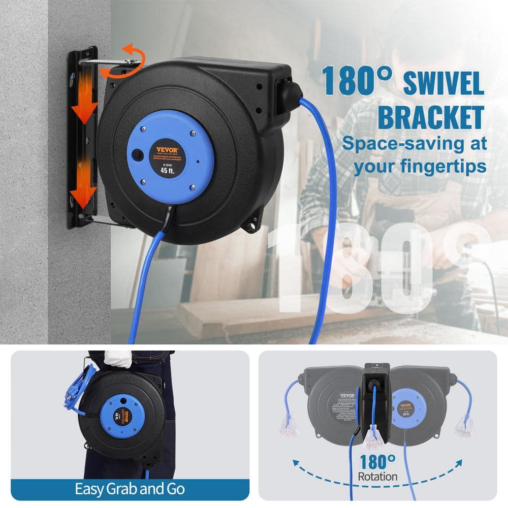 Heavy Duty Blue and Black Retractable Extension Cord Reel 45FT