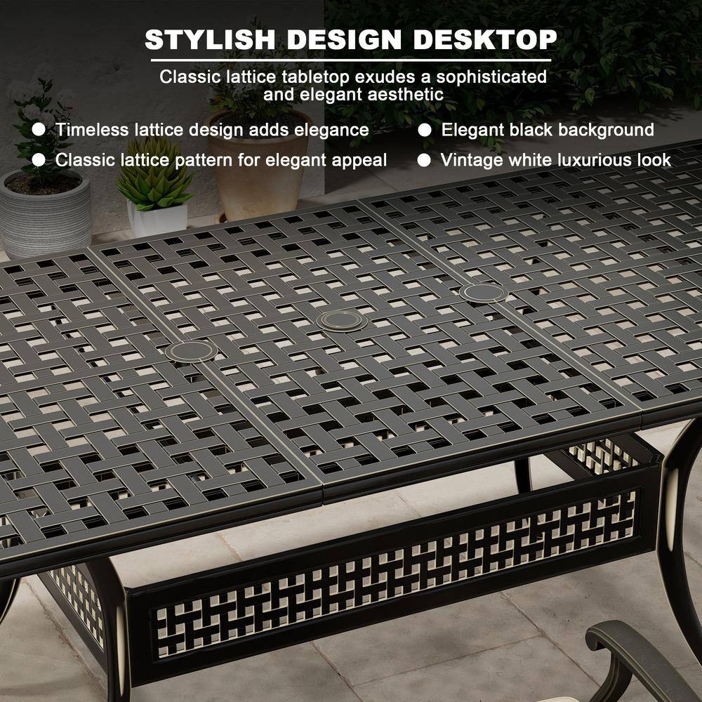 9-Piece Black Cast Aluminum Rectangular Outdoor Dining Set with Beige Cushions