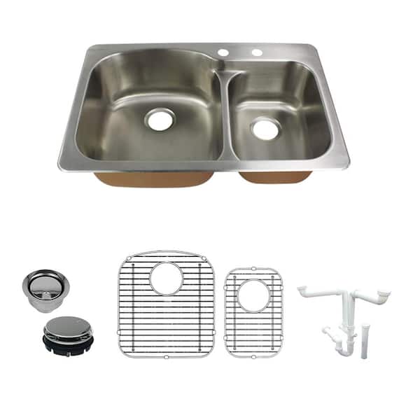 Transolid Classic All-in-One Drop-In Stainless Steel 33 in. 2-Hole 75/25 Double Bowl Kitchen Sink in Brushed Stainless Steel