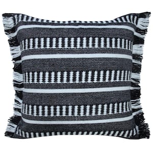 Dash Jet Black/White 20 in. x 20 in. Striped Indoor Outdoor Throw Pillow with Fringe