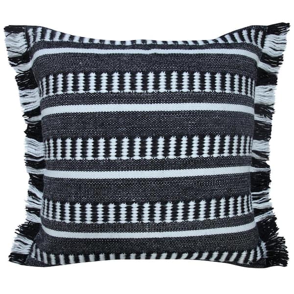 Unbranded Dash Jet Black/White 20 in. x 20 in. Striped Indoor Outdoor Throw Pillow with Fringe