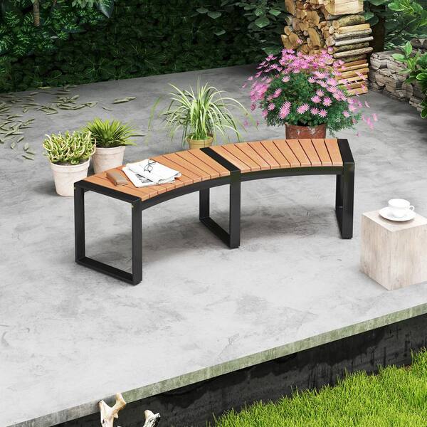Natural and Black Acacia Wood and Metal Outdoor Garden Bench(1-Pack)